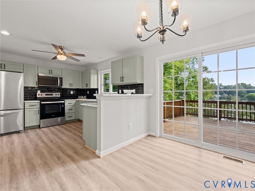2224 Highland Drive, Powhatan, VA 23139 Kitchen featuring sage cabinetry, stainless steel appliances, black subway tile backsplash, and light wood-finish flooring