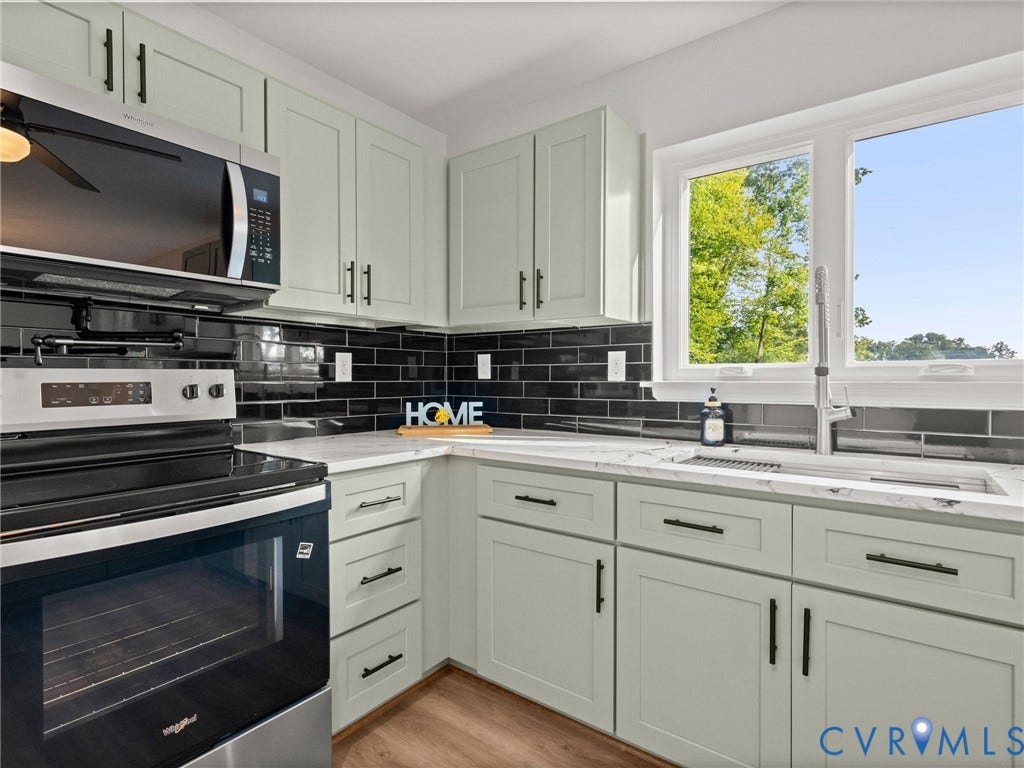 2224 Highland Drive, Powhatan, VA 23139 Light-toned cabinetry with matte black hardware, dark subway tile backsplash, white countertops, stainless steel appliances, and a stainless steel sink with a pull-down faucet