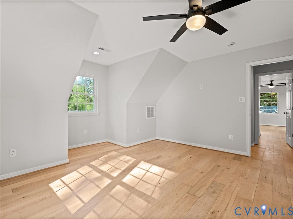 2224 Highland Drive, Powhatan, VA 23139 Hardwood flooring, sloped ceiling, recessed lighting, and a modern ceiling fan