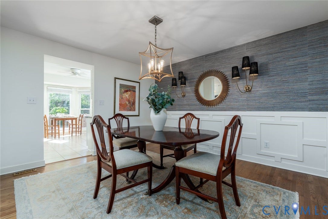 1719 Logwood Circle, Henrico, VA 23238 Dining room: Hardwood floors, designer grass wall paper, and decorative wall sconces