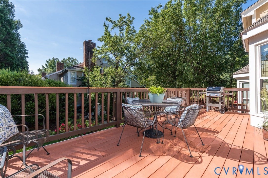 1719 Logwood Circle, Henrico, VA 23238 Deck: Spacious exterior deck, surrounded by mature greenery