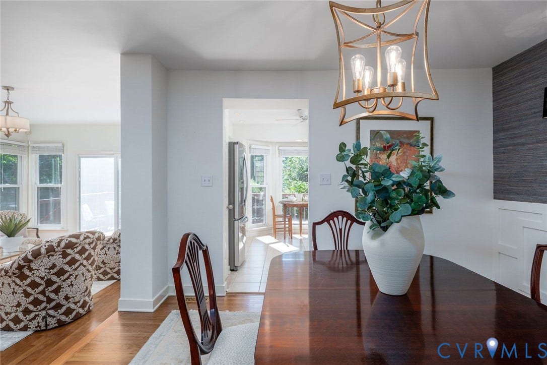 1719 Logwood Circle, Henrico, VA 23238 Dining room: Hardwood floors, decorative wall paneling, and an ornate chandelier