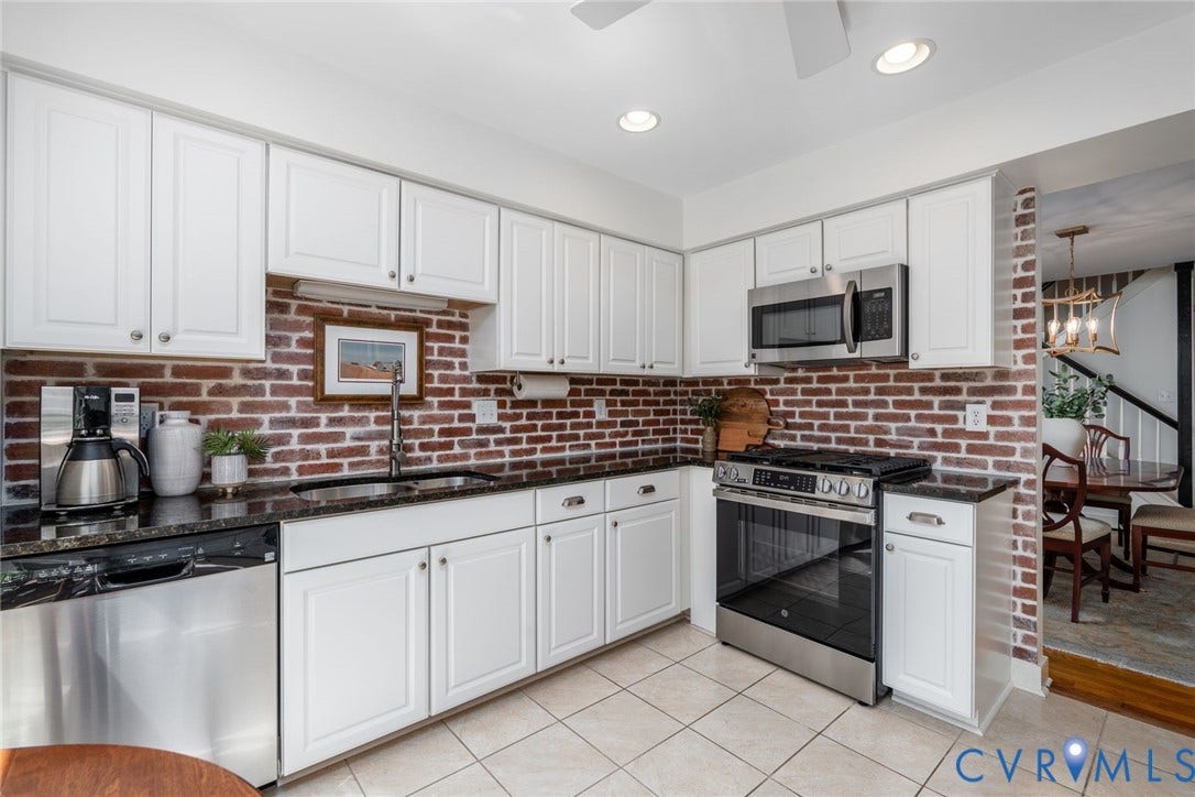 1719 Logwood Circle, Henrico, VA 23238 Kitchen: White cabinetry, exposed brick backsplash, granite countertops, and stainless steel appliances