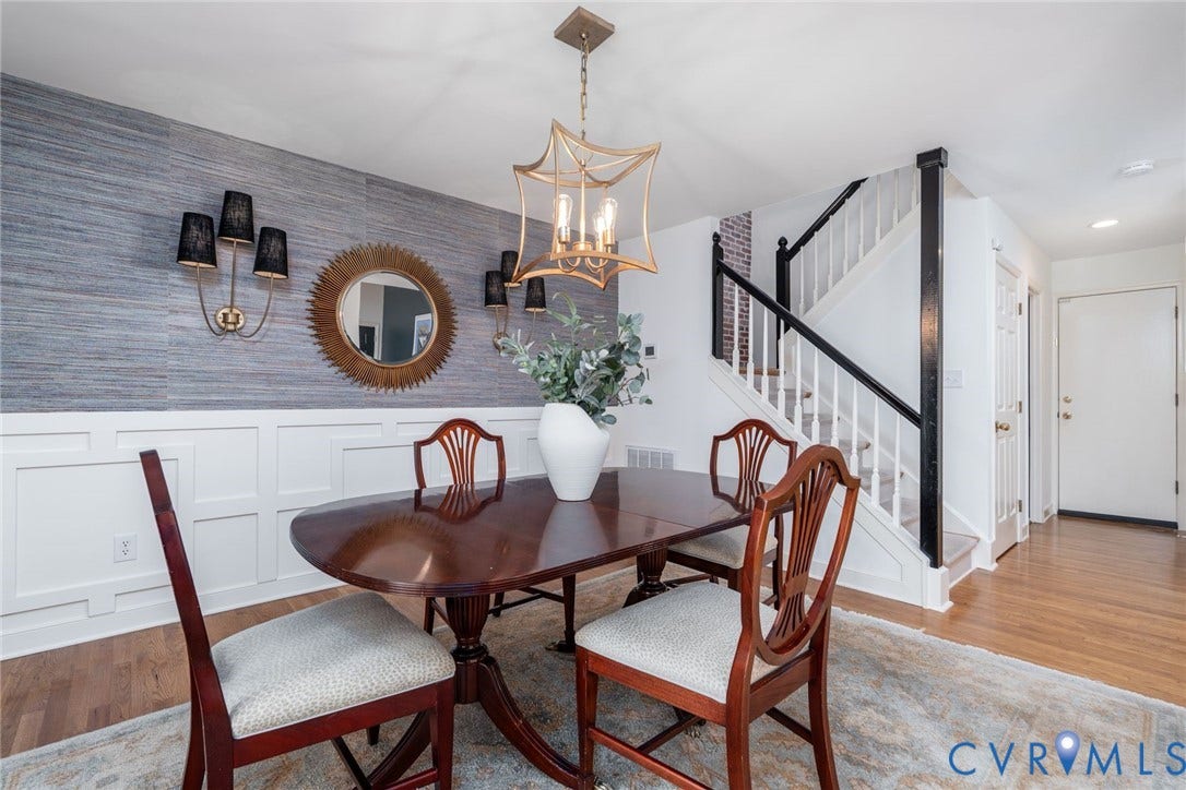 1719 Logwood Circle, Henrico, VA 23238 Dining room: Hardwood flooring, wainscoting and designer grass cloth wall paper.