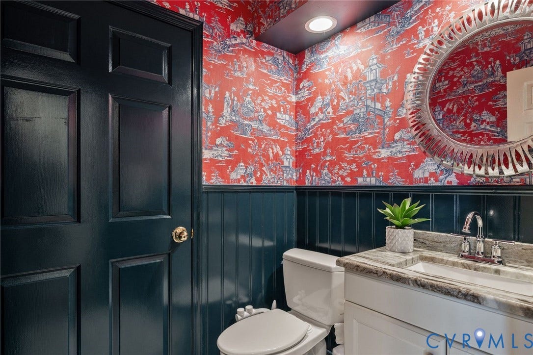 1719 Logwood Circle, Henrico, VA 23238 Powder room: Custom wallpaper, beadboard wainscoting, integrated vanity sink with granite countertop, and decorative wall mirror
