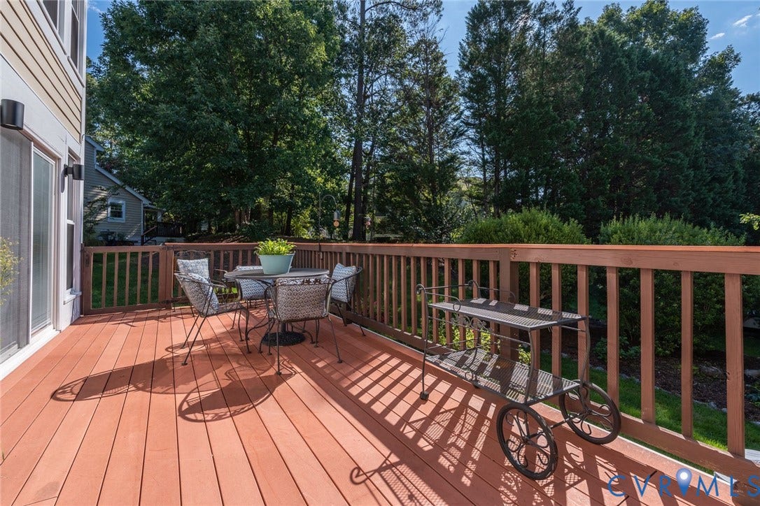 1719 Logwood Circle, Henrico, VA 23238 Deck: Expansive wood deck offering outdoor access via a sliding glass door