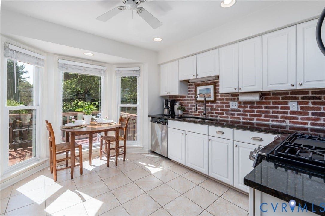 1719 Logwood Circle, Henrico, VA 23238 Kitchen: Canted bay window, exposed brick backsplash, and stainless steel appliances