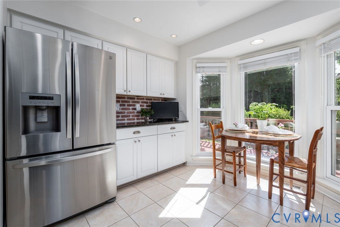 1719 Logwood Circle, Henrico, VA 23238 Kitchen: White cabinetry with brushed nickel hardware, stainless steel French door refrigerator, brick-finish backsplash, granite countertop, and bay windows