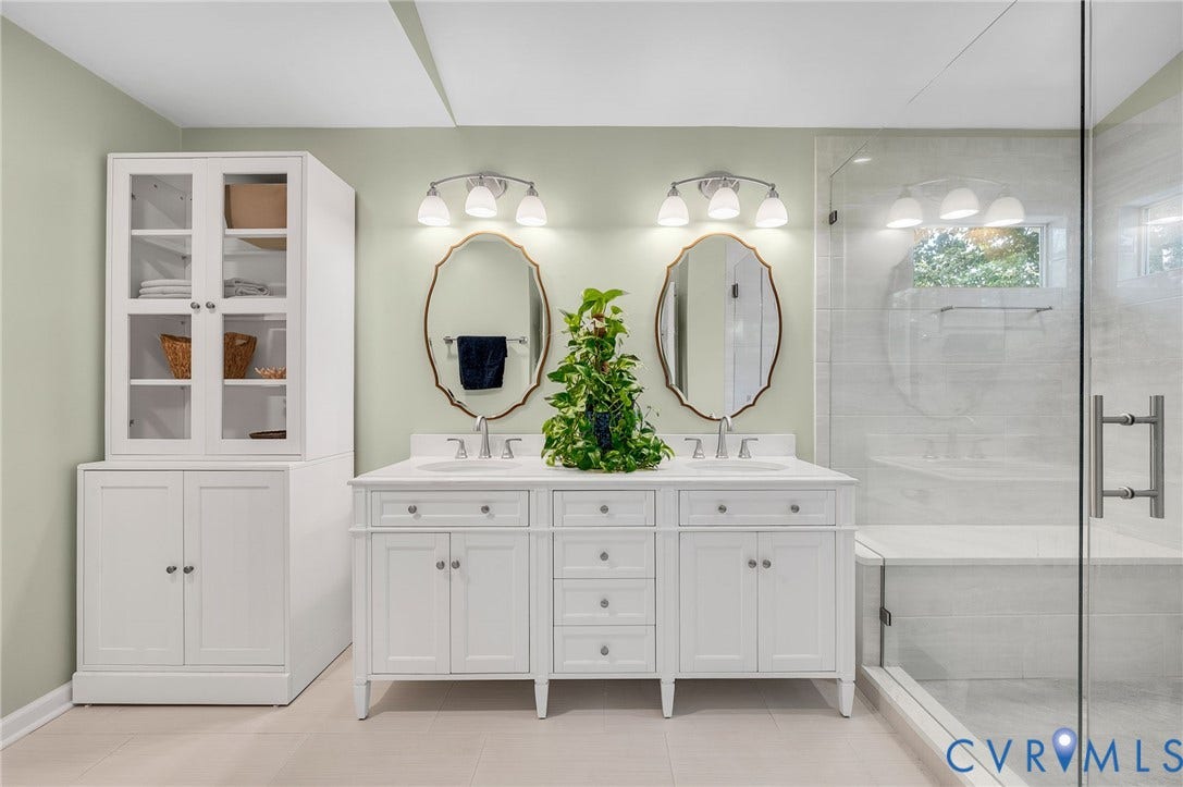 3704 Milbrier Place, Henrico, VA 23233 Primary Bath w/ dual white vanities with integrated sinks, framed mirrors, and a glass-enclosed shower with a built-in bench