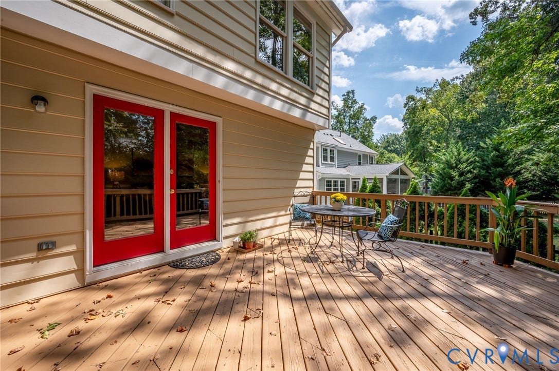 3704 Milbrier Place, Henrico, VA 23233 Expansive wood deck with a natural finish, featuring a full wood railing and direct access via bright red French doors