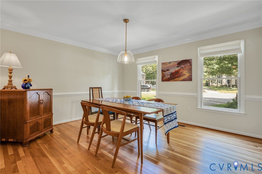 3704 Milbrier Place, Henrico, VA 23233 Hardwood flooring throughout, crown molding, chair rail molding, and a pendant light fixture