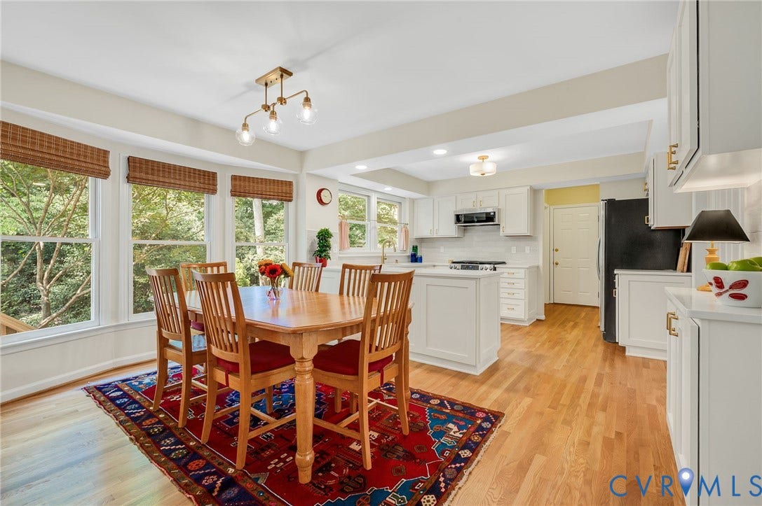 3704 Milbrier Place, Henrico, VA 23233 Light wood-finish flooring throughout, white cabinetry with gold-tone hardware, white countertops, built-in kitchen island, and a built-in range with an overhead microwave