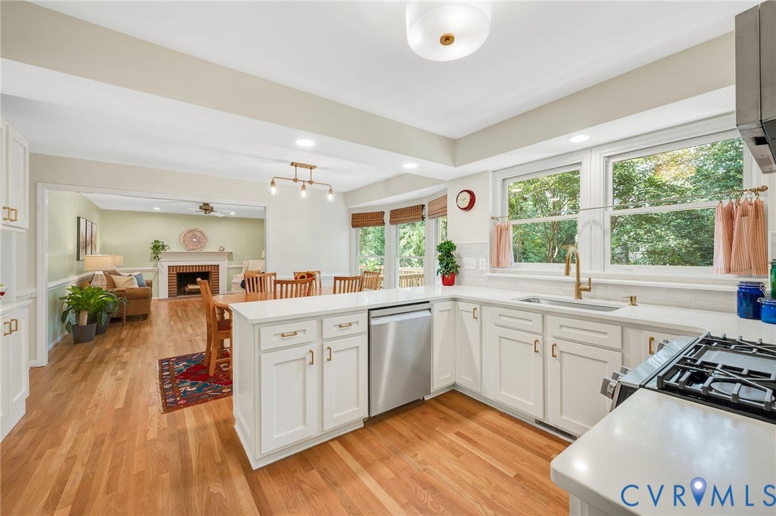 3704 Milbrier Place, Henrico, VA 23233 White shaker cabinetry with gold-tone hardware, stainless steel appliances, light-toned countertops, and wood-finish flooring