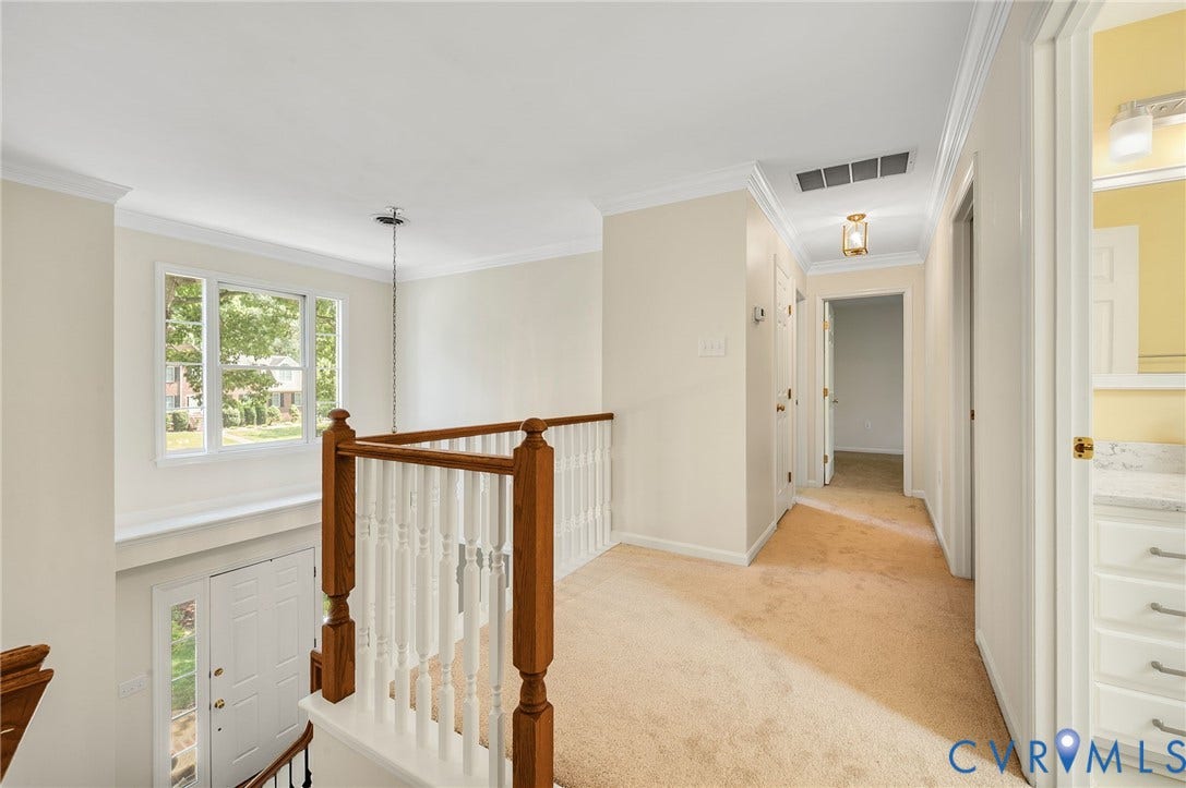 3704 Milbrier Place, Henrico, VA 23233 Upper hallway featuring a window, wood railing, and a light-colored carpet