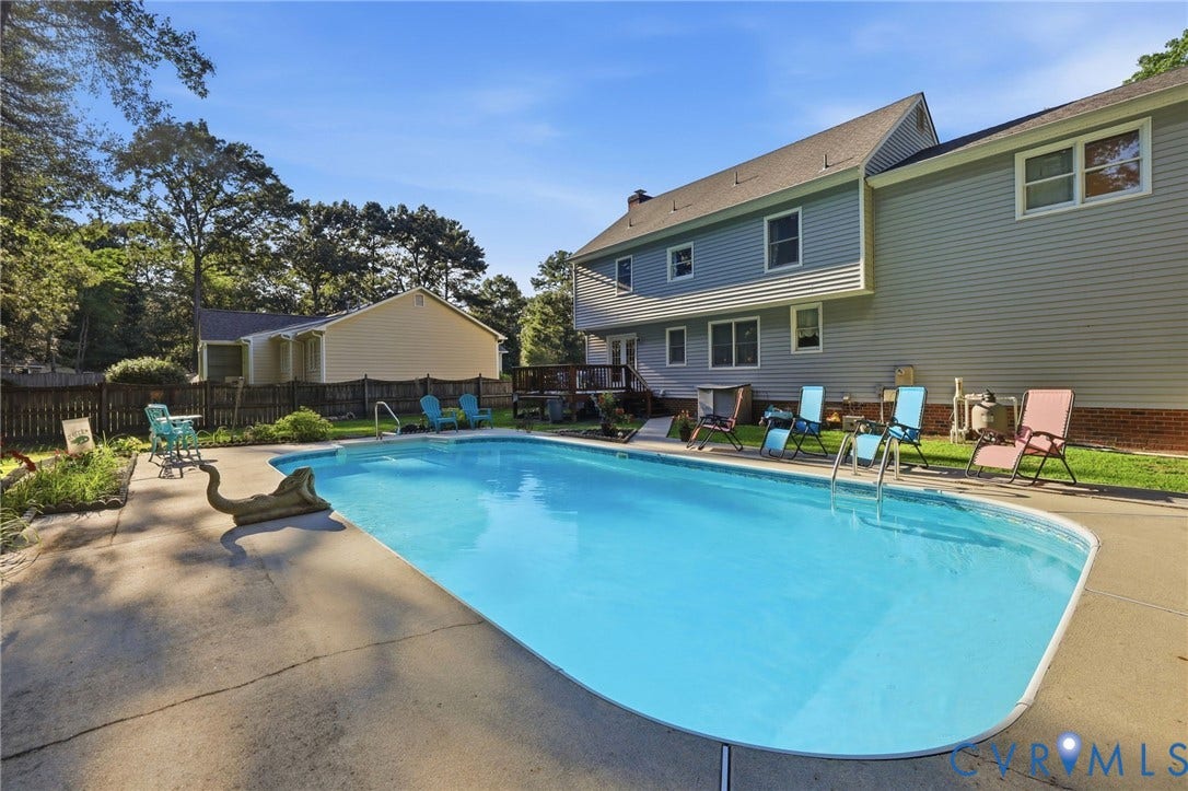3819 Glen Oaks Court, Chester, VA 23831 Expansive backyard featuring an in-ground swimming pool with concrete surround