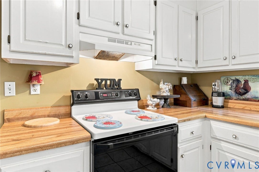 3819 Glen Oaks Court, Chester, VA 23831 Kitchen featuring white cabinetry, wood-finish countertops, and a built-in range with an overhead exhaust fan