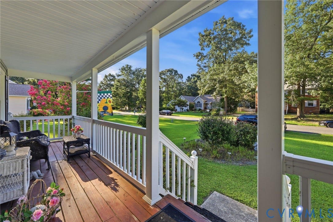 3819 Glen Oaks Court, Chester, VA 23831 Inviting front porch featuring wood-finish flooring, white vinyl railing, and a beadboard ceiling