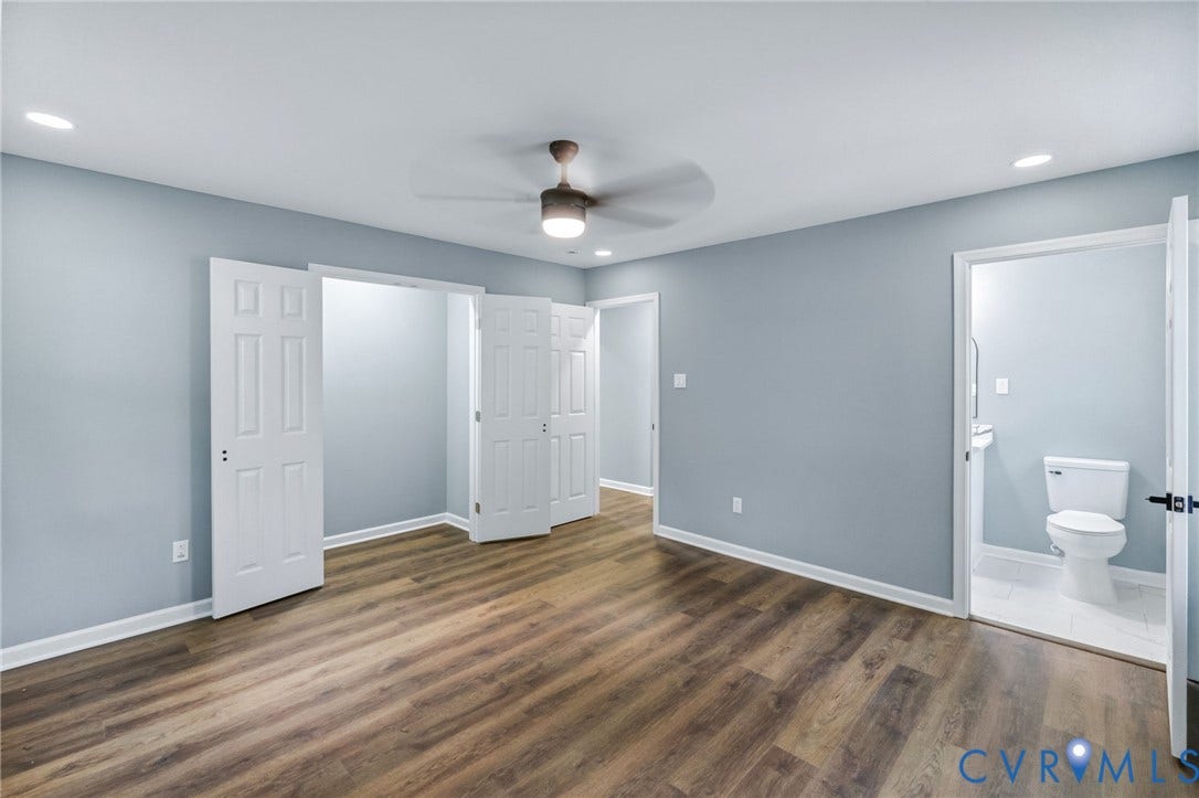 Wood-finish flooring, recessed lighting, and a ceiling fan