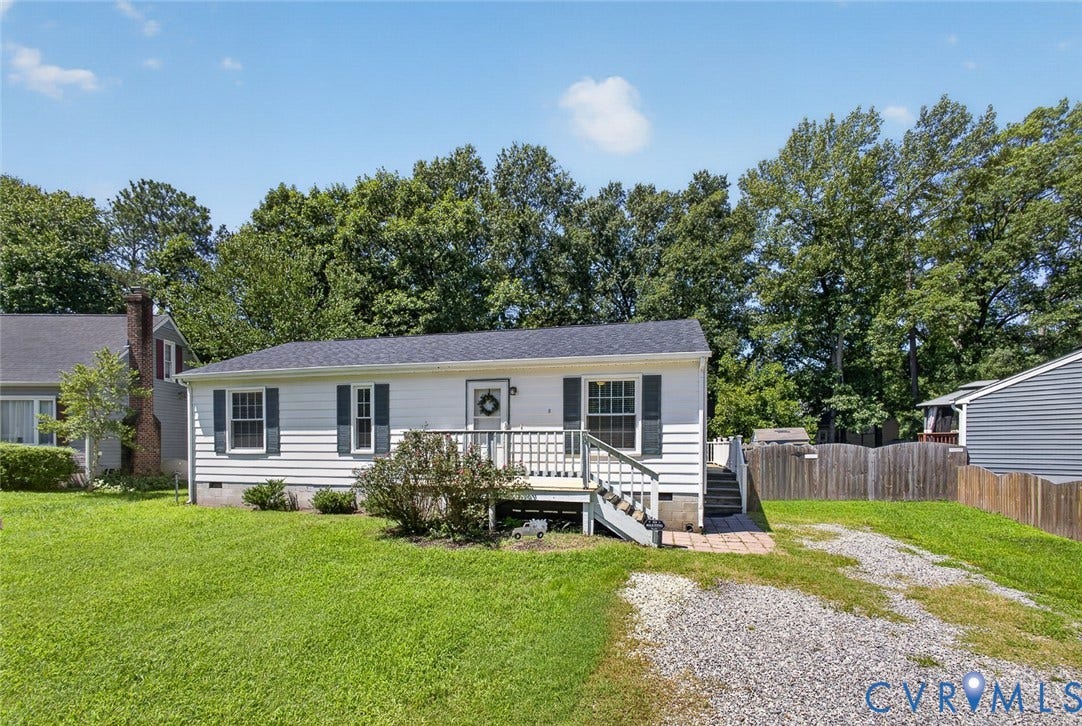 6302 Phobus Court, Richmond, VA 23234 White ranch-style home featuring a black shingle roof, dark shutters, and a front deck with stairs