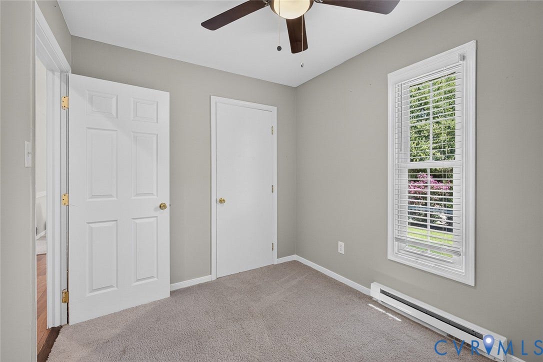 6302 Phobus Court, Richmond, VA 23234 Room featuring light gray walls, plush carpet flooring, a ceiling fan with light fixture, and a window with white blinds