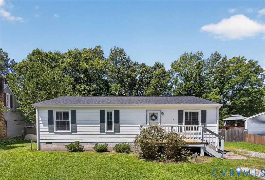 6302 Phobus Court, Richmond, VA 23234 Ranch-style exterior with white siding, dark shutters, and a dark shingle roof