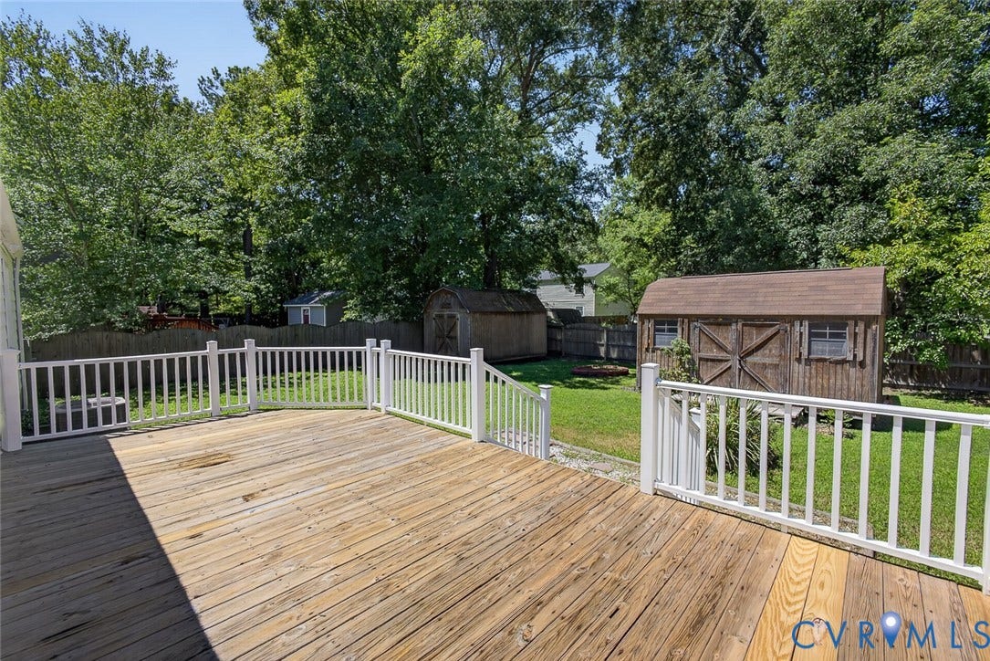 6302 Phobus Court, Richmond, VA 23234 Expansive wood deck with white railing overlooking a fenced yard