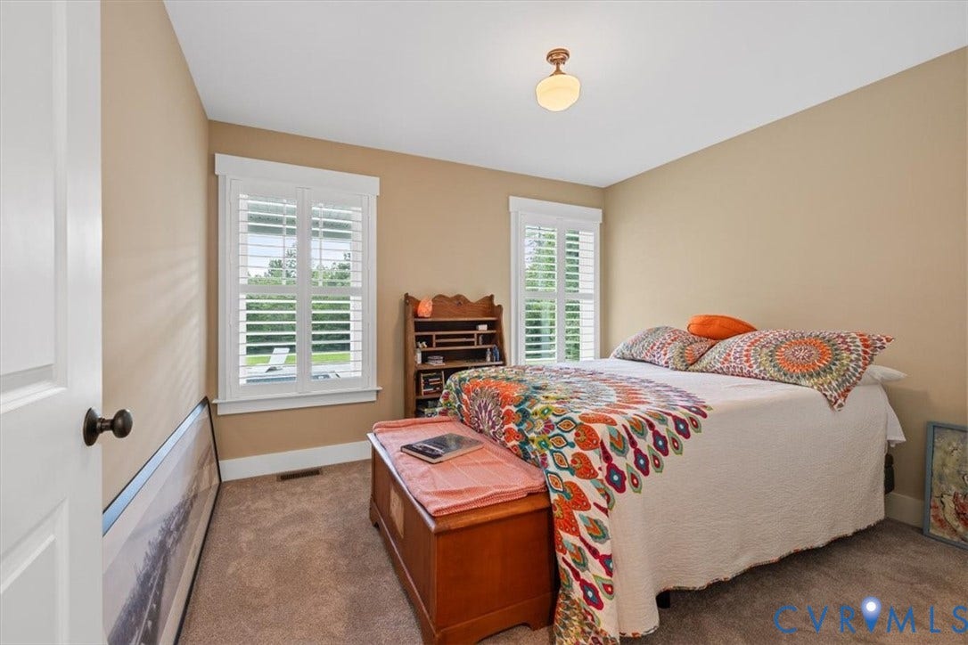 Carpeted room featuring two windows with white plantation shutters, a white ceiling, and a flush-mount ceiling light fixture