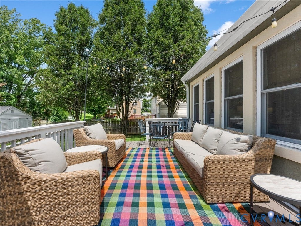 8216 Indian Springs Road, Richmond, VA 23237 Spacious outdoor deck featuring light-colored railings and string lighting