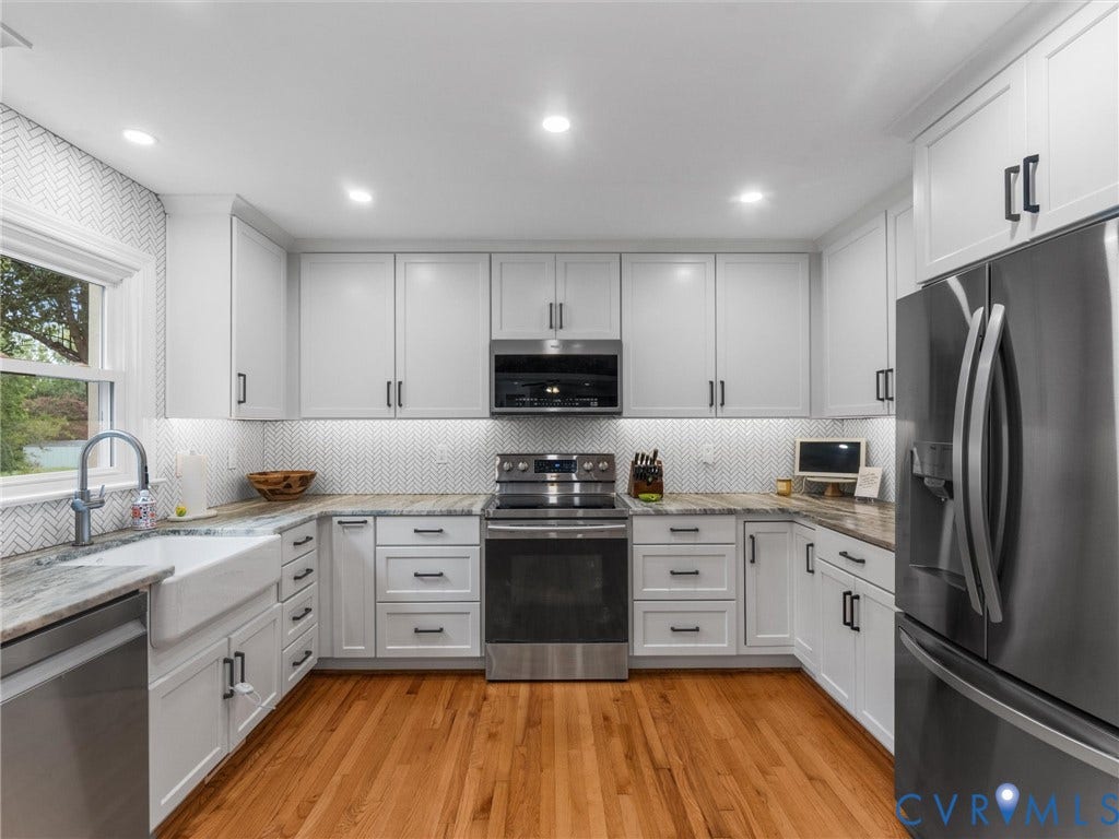 8216 Indian Springs Road, Richmond, VA 23237 Modern kitchen featuring white shaker-style cabinetry with stainless steel hardware, white subway tile backsplash, and recessed ceiling lighting