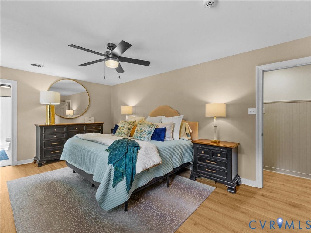 8216 Indian Springs Road, Richmond, VA 23237 Spacious room featuring wood-finish flooring, neutral wall tones, and a ceiling fan with integrated lighting
