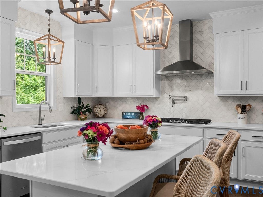 3647 Walkers Creek, Powhatan, VA 23139 White cabinetry with brushed nickel hardware, herringbone tile backsplash, stainless steel range hood, built-in gas range, and a kitchen island with a white countertop