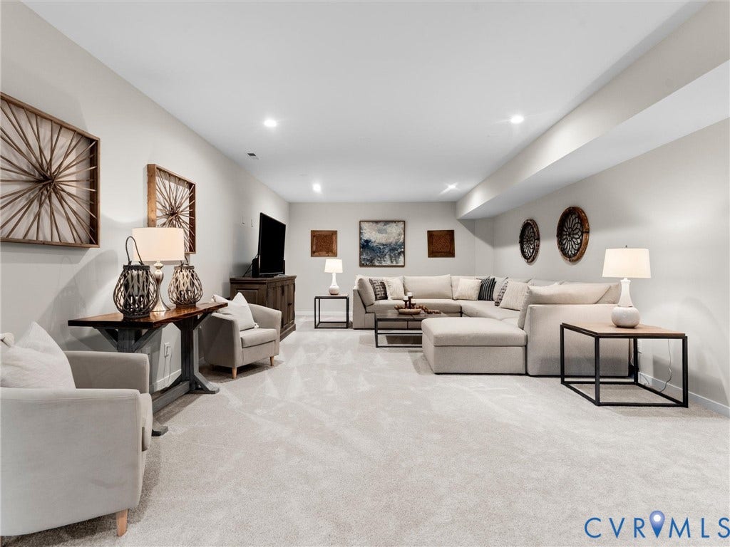3647 Walkers Creek, Powhatan, VA 23139 Spacious lower level featuring plush carpeting, recessed lighting, and ample wall space