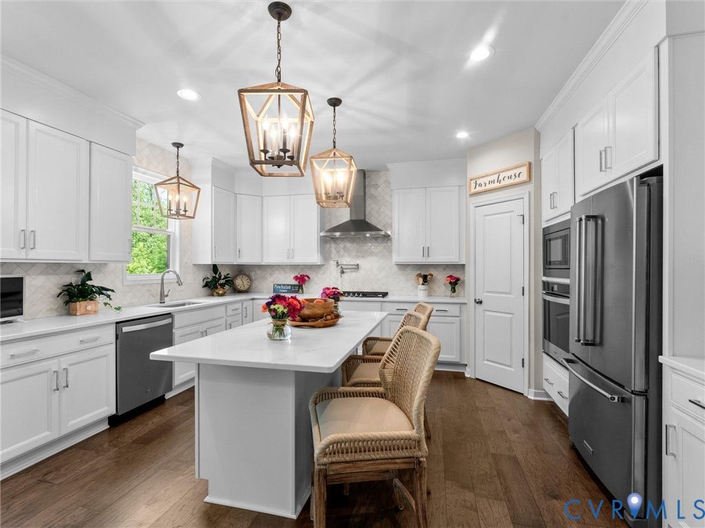 3647 Walkers Creek, Powhatan, VA 23139 White cabinetry with crown molding, stainless steel appliances, a center island, wood-finish flooring, and pendant light fixtures