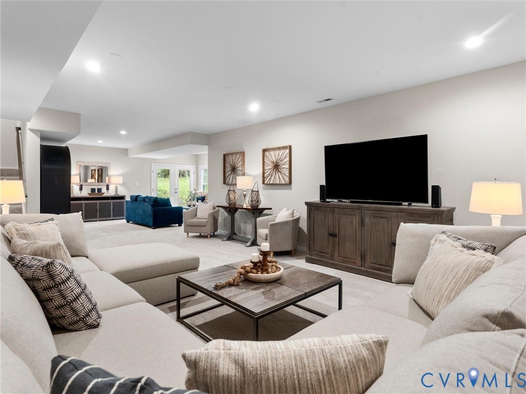 3647 Walkers Creek, Powhatan, VA 23139 Spacious recreational area featuring recessed lighting, light-toned carpeting, and a built-in media console