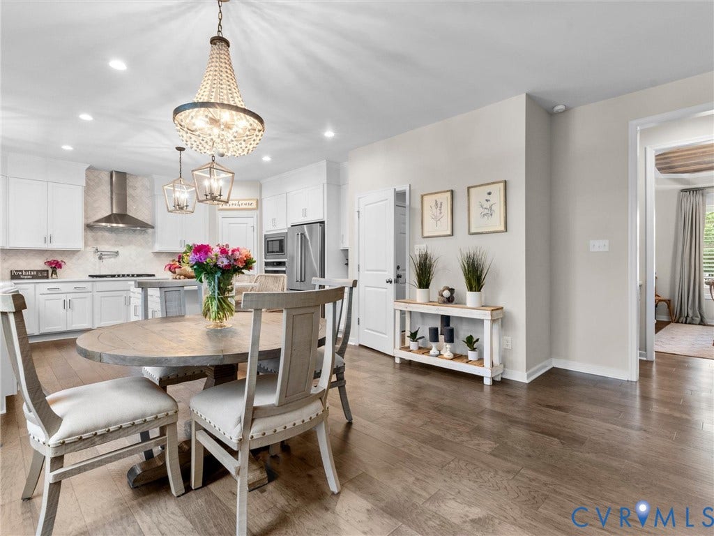 3647 Walkers Creek, Powhatan, VA 23139 Wood-finish flooring throughout, beaded chandelier, recessed lighting, white cabinetry, and stainless steel appliances
