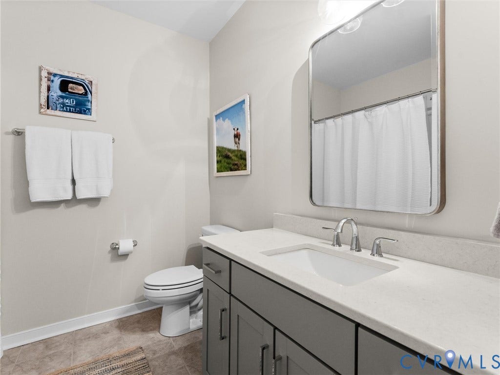 3647 Walkers Creek, Powhatan, VA 23139 Bathroom featuring a vanity with a gray cabinet base, an integrated sink, a light-toned countertop, and a wall-mounted mirror with overhead lighting