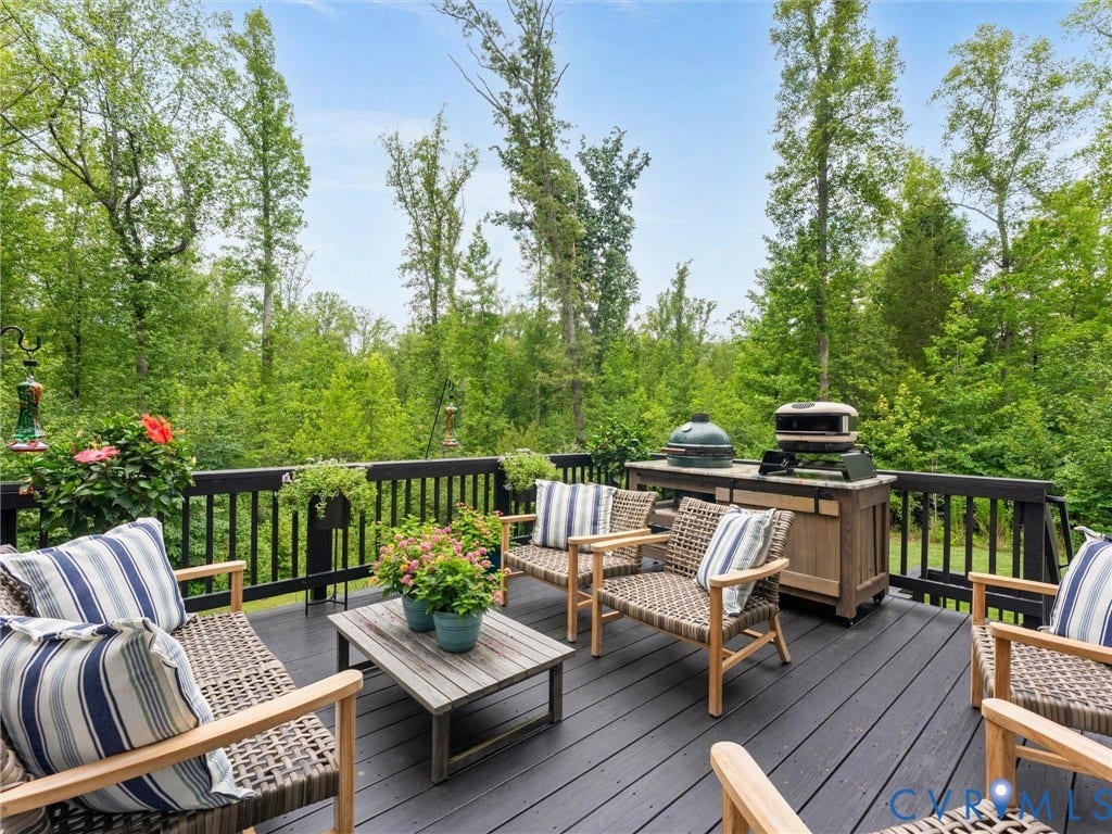 3647 Walkers Creek, Powhatan, VA 23139 Expansive outdoor deck with a dark finish, surrounded by mature trees