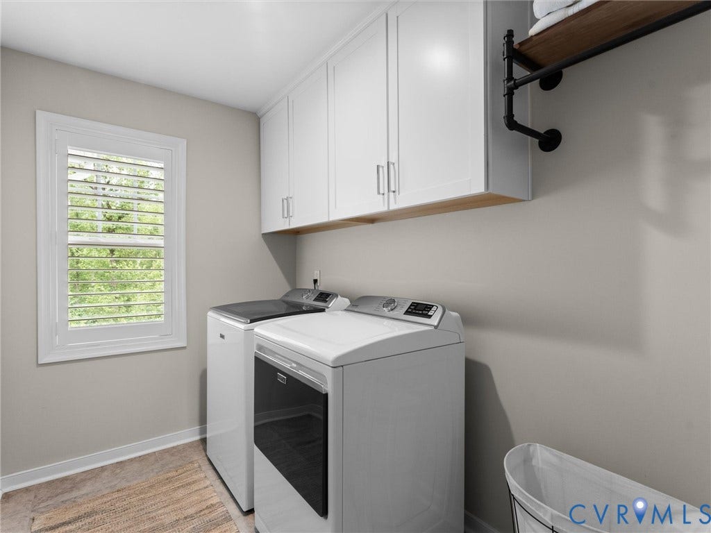 3647 Walkers Creek, Powhatan, VA 23139 White shaker-style cabinetry with wood-finish undercabinet accent