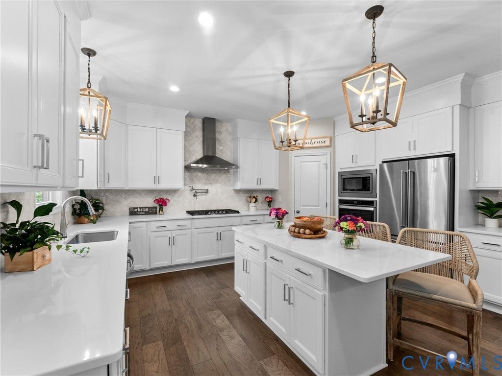 3647 Walkers Creek, Powhatan, VA 23139 White shaker-style cabinetry with chrome hardware, wood-finish flooring, stainless steel appliances, white countertops, and a kitchen island with pendant lighting