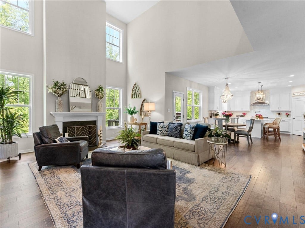 3647 Walkers Creek, Powhatan, VA 23139 Vaulted ceilings, wood-finish flooring, a white mantel fireplace, and multiple large windows