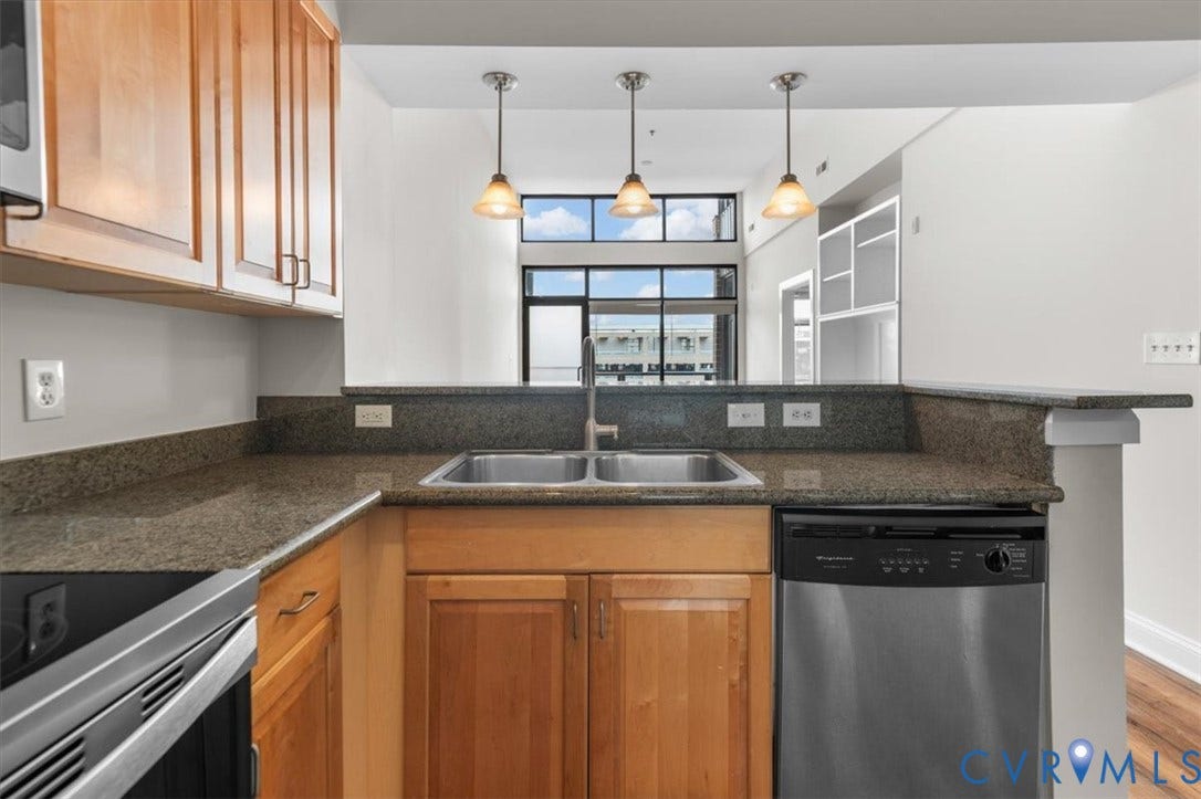 1333 Broad Street, #510, Ironhouse Place Condominiums, Richmond, VA 23220 Kitchen featuring wood cabinetry, stone countertops, stainless steel double-basin sink, and a stainless steel dishwasher
