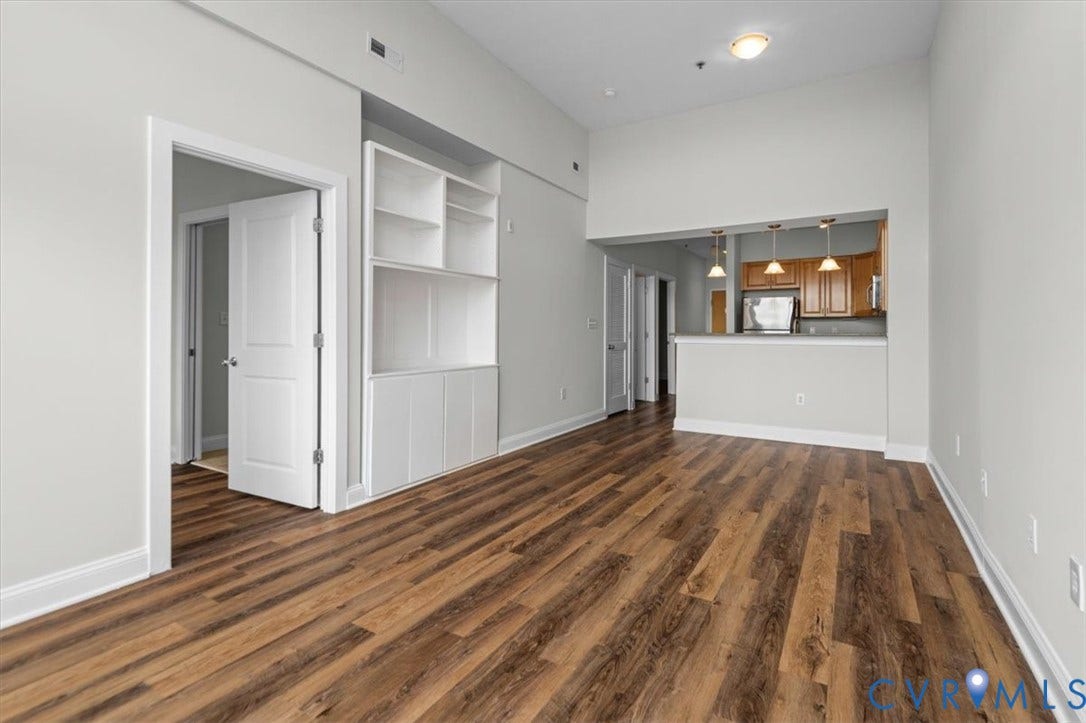 1333 Broad Street, #510, Ironhouse Place Condominiums, Richmond, VA 23220 Open-concept living space with wood-finish flooring, built-in shelving, vaulted ceilings, and a pass-through kitchen with pendant lighting and stainless steel appliances