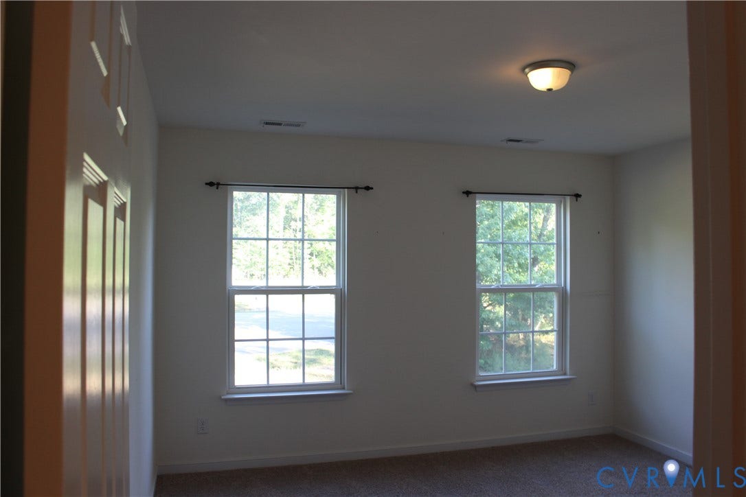 Carpeted room featuring two double-hung windows with exterior views, white trim, and a flush-mount ceiling light fixture