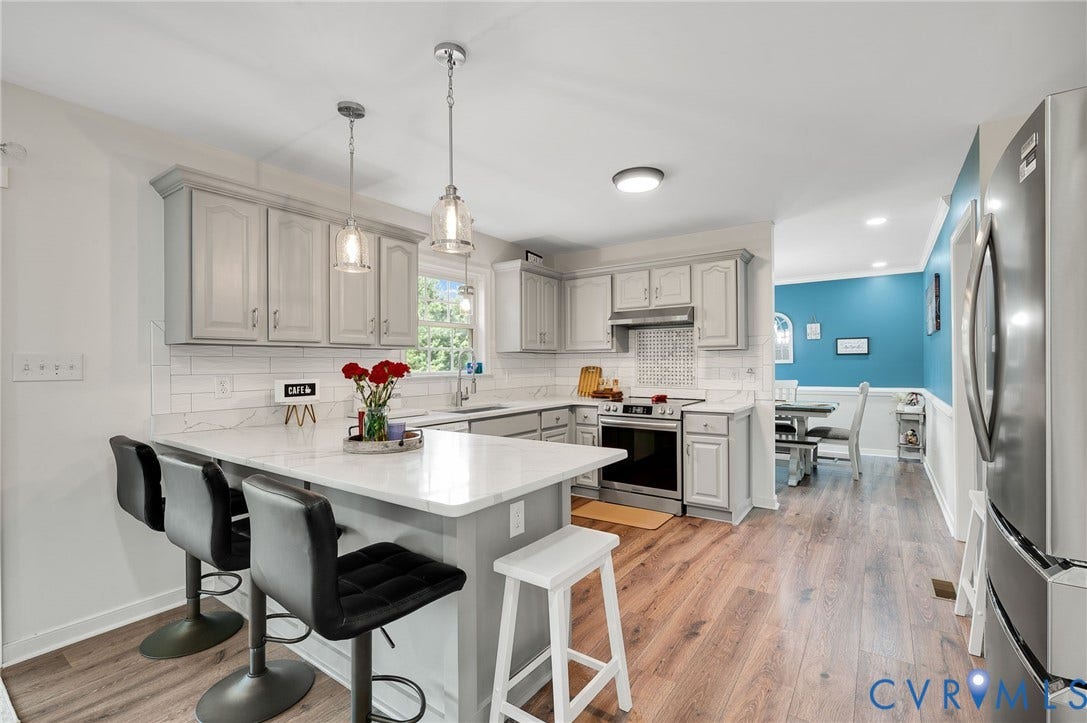 5612 Jessup Station Place, Chesterfield, VA 23234 Kitchen featuring light gray cabinetry, stainless steel appliances, white subway tile backsplash, and wood-finish flooring