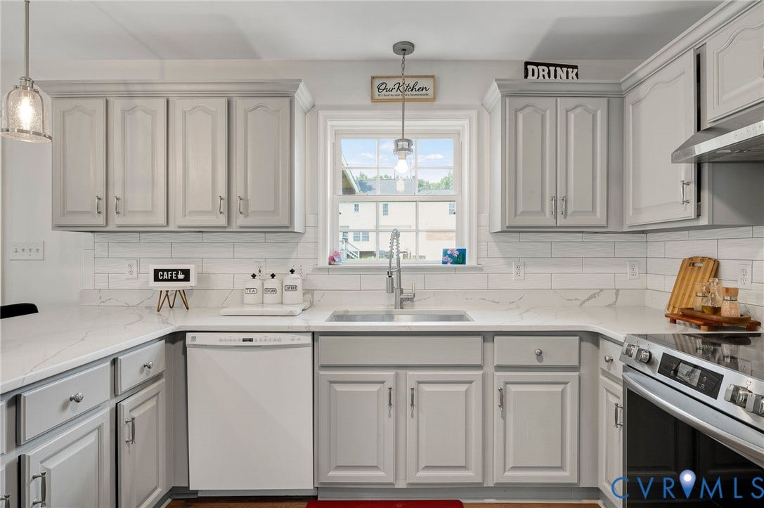 5612 Jessup Station Place, Chesterfield, VA 23234 Kitchen featuring light gray cabinetry, white subway tile backsplash, and light-toned countertops