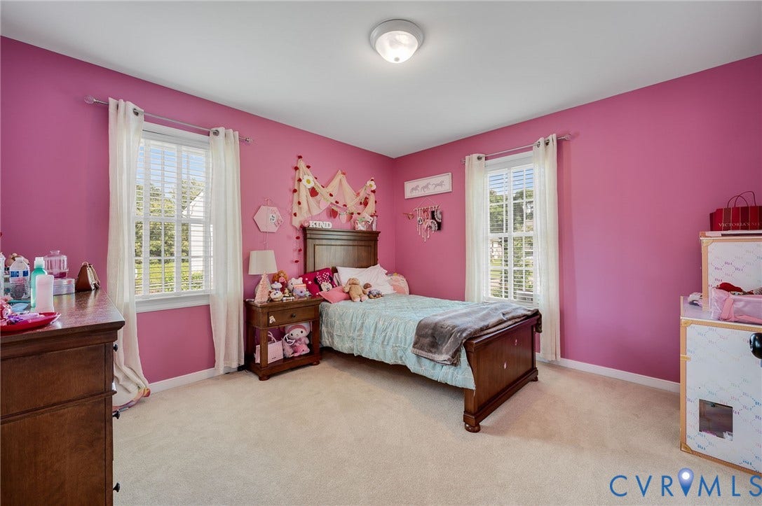 5612 Jessup Station Place, Chesterfield, VA 23234 Carpeted room featuring two double-hung windows with blinds, a flush mount ceiling light fixture, and a built-in wooden dresser