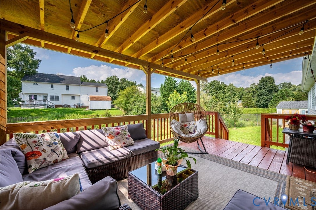 5612 Jessup Station Place, Chesterfield, VA 23234 Covered outdoor deck with exposed wood beam ceiling, wood plank flooring, and wood railings