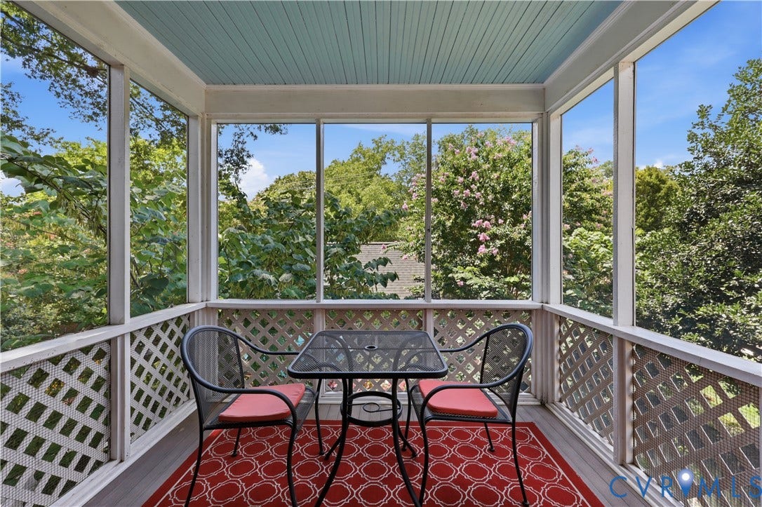 4207 W Grace Street, Sauer's Gardens, Richmond, VA 23230 Screened porch featuring a beadboard ceiling, lattice railing, and composite decking