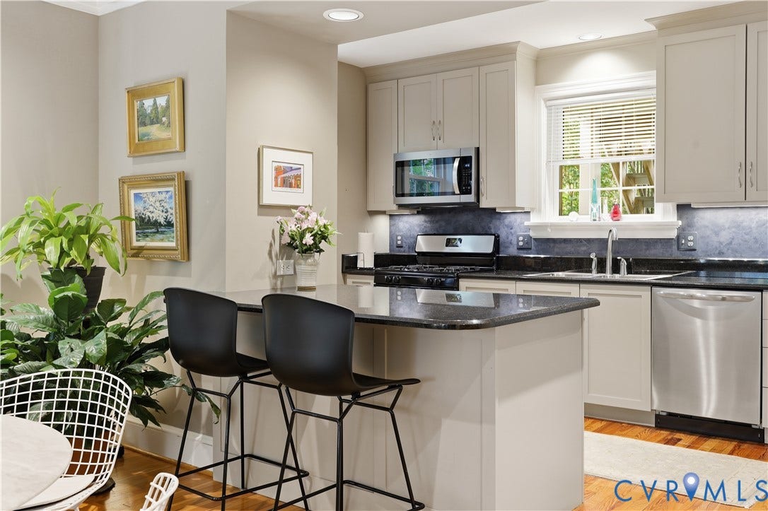 4207 W Grace Street, Sauer's Gardens, Richmond, VA 23230 Kitchen featuring light-toned cabinetry, dark countertops, and stainless steel appliances
