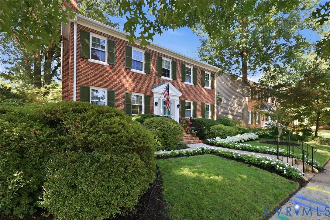 4207 W Grace Street, Sauer's Gardens, Richmond, VA 23230 Brick colonial-style residence featuring green shutters and white trim